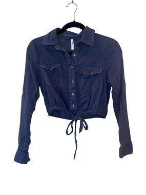 TRUTH Women’s Crop 100% Cotton Button Up Shirt Blue Lightweight Medium